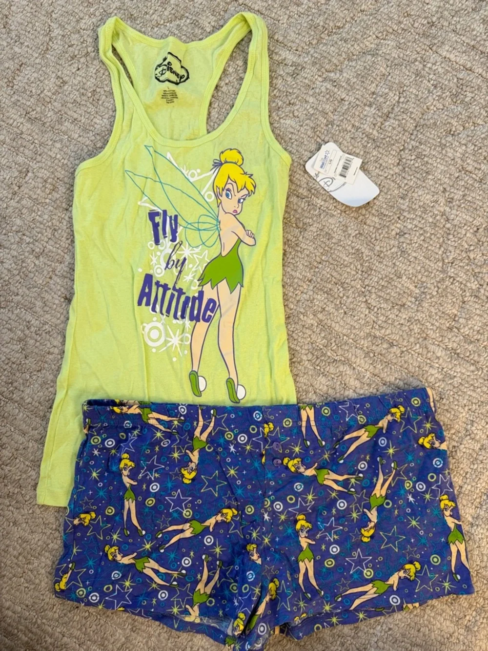 Disney Tinker Bell Lime Green Tank with Blue Printed Shorts - Picture 1 of 3